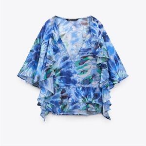 ZARA | Blue Printed Ruffled Blouse